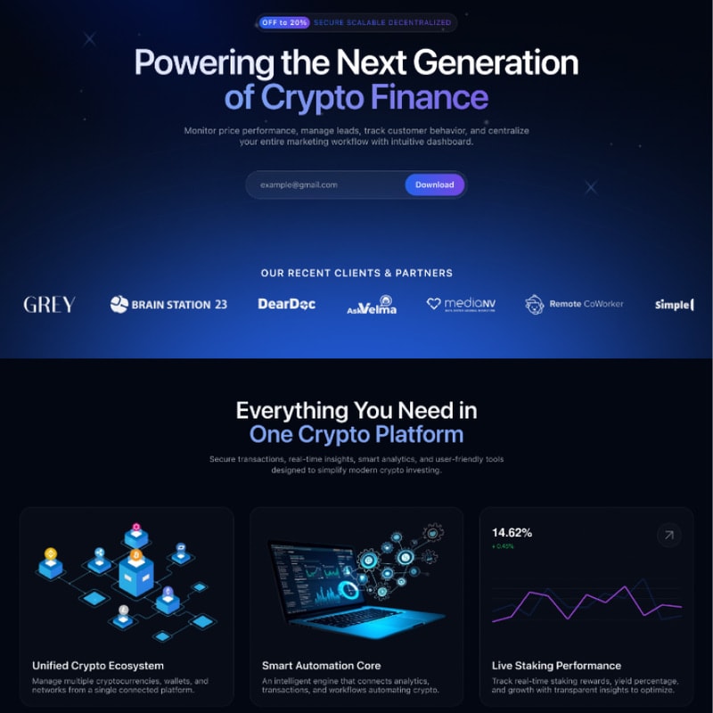 CRYPOBIT hero headline, email capture and client logo strip above three platform feature cards