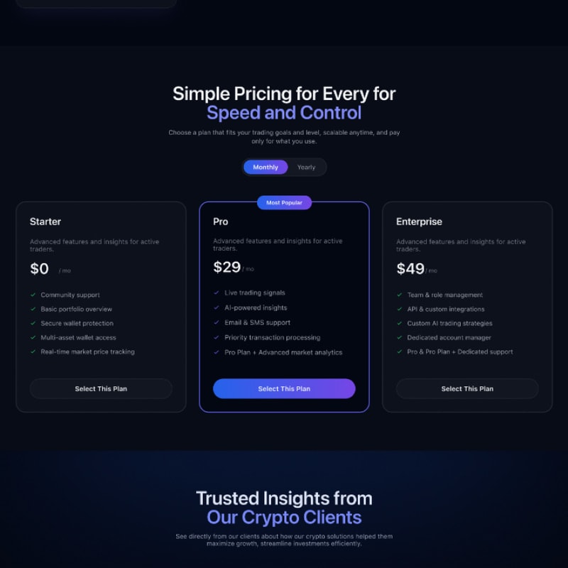 CRYPOBIT pricing table with Starter, Pro and Enterprise plans on a dark background