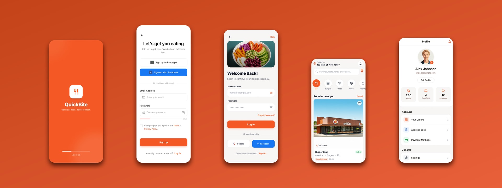 QuickBite splash, sign-up, log-in, browse and profile screens in a row