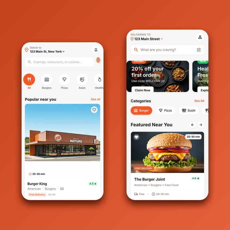 QuickBite browse screen beside the home screen showing promotions, categories and featured restaurants