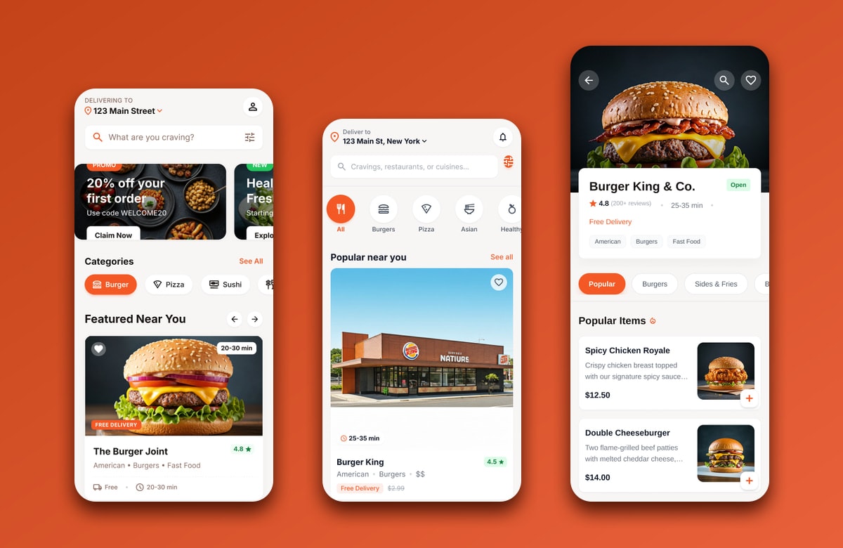 QuickBite home, browse and restaurant menu screens showing discovery from address to dish