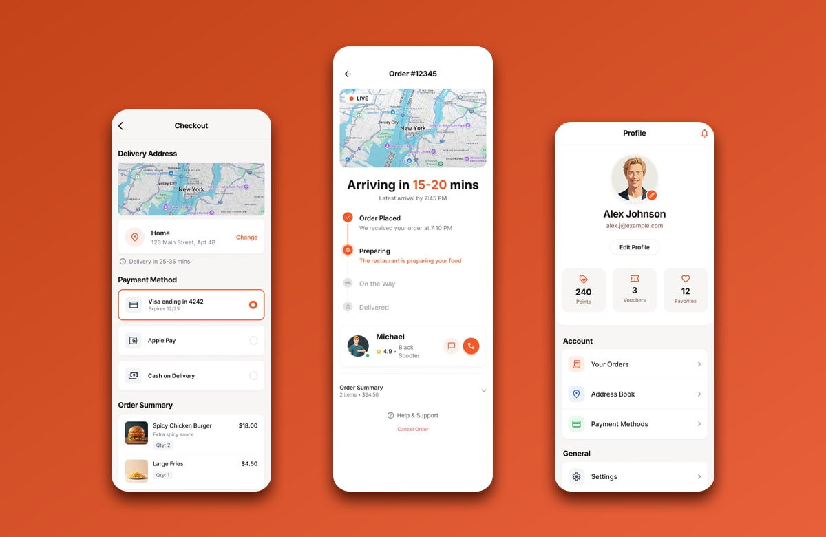 QuickBite checkout, live order tracking and rewards profile screens