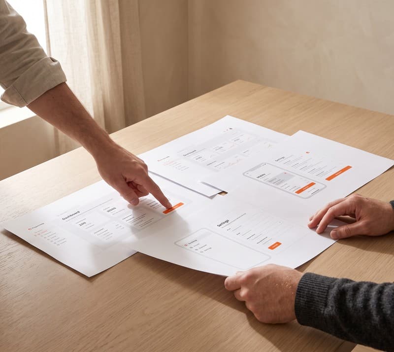 Team reviewing printed layouts together