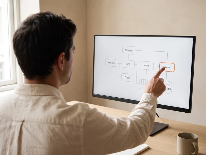 Engineers reviewing an architecture diagram at a studio desk