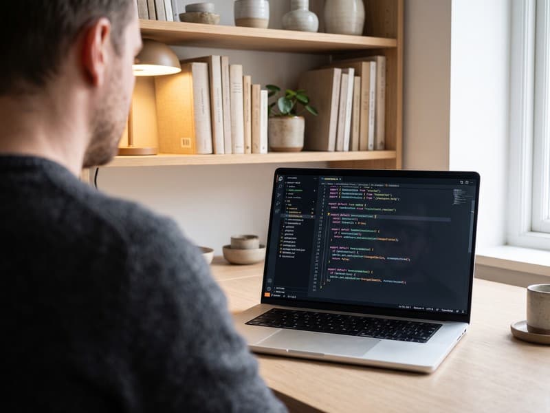 Designer working on a laptop at a desk with wooden shelving behind
