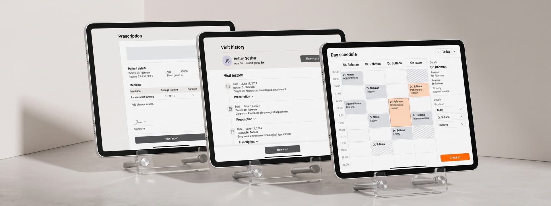 Appointment calendar, patient record and prescription screens