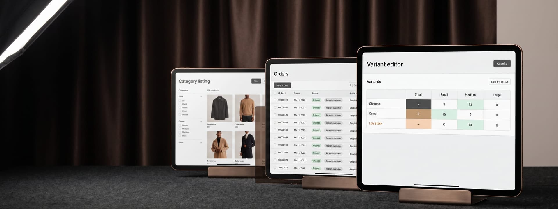 Product, variant and order screens from the storefront admin