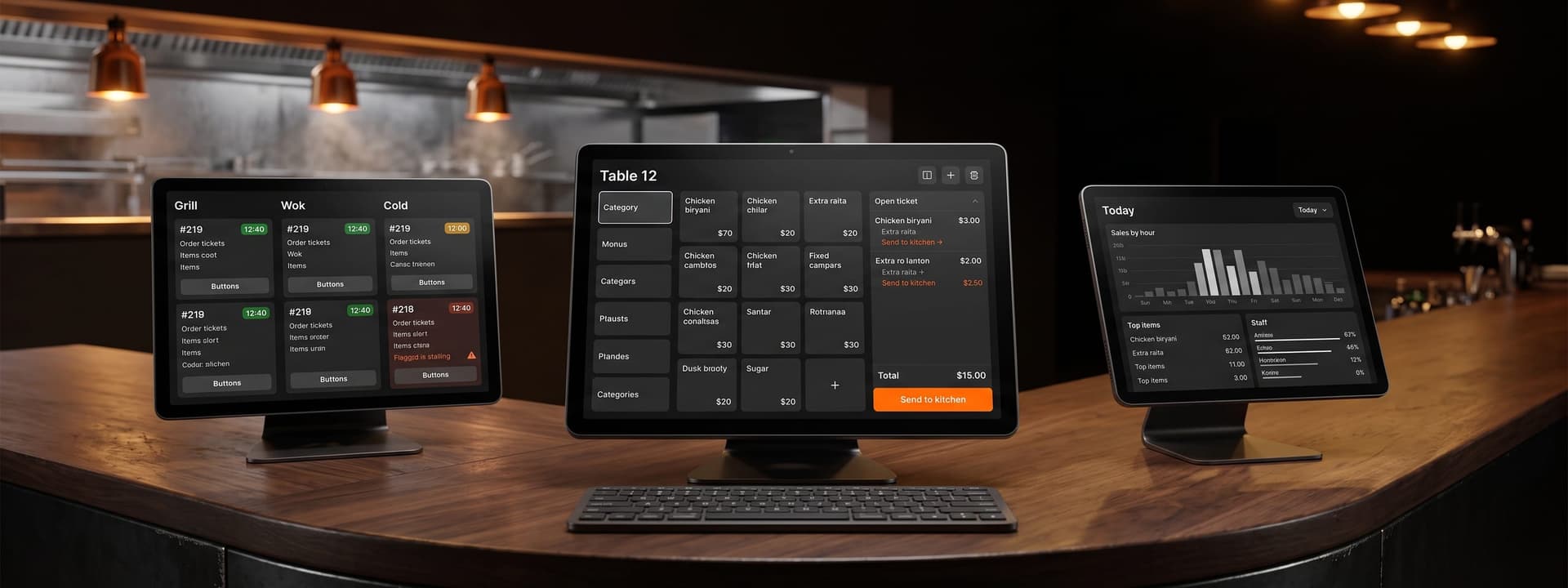 Counter terminal, kitchen display and reporting screens