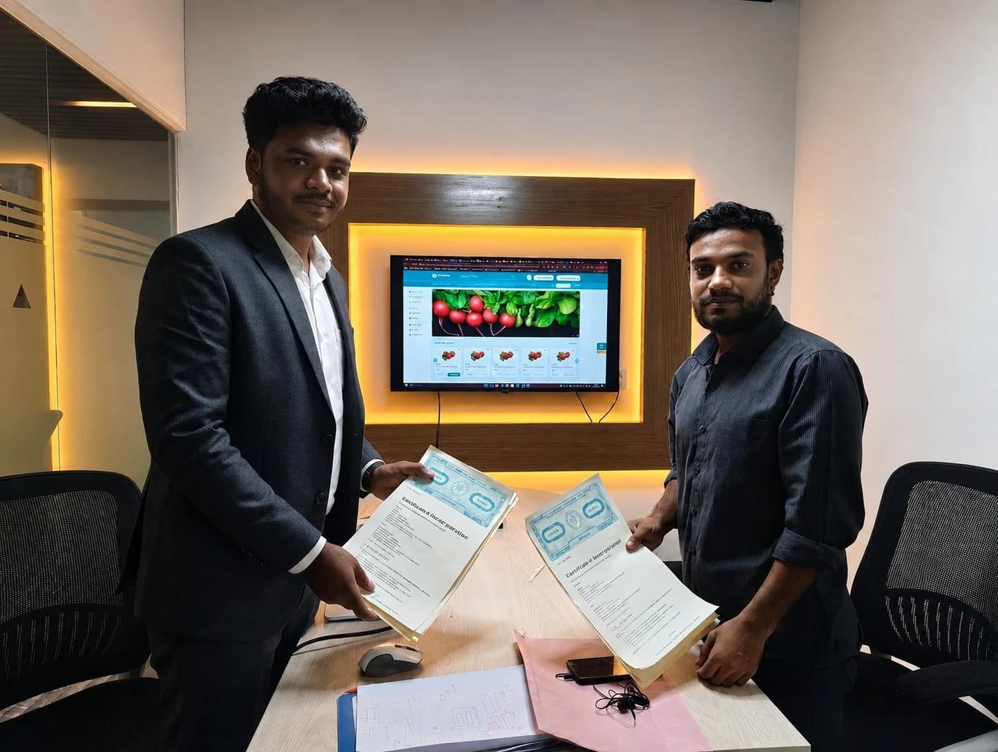 Two Project Help directors holding the signed certificates of incorporation at the studio table
