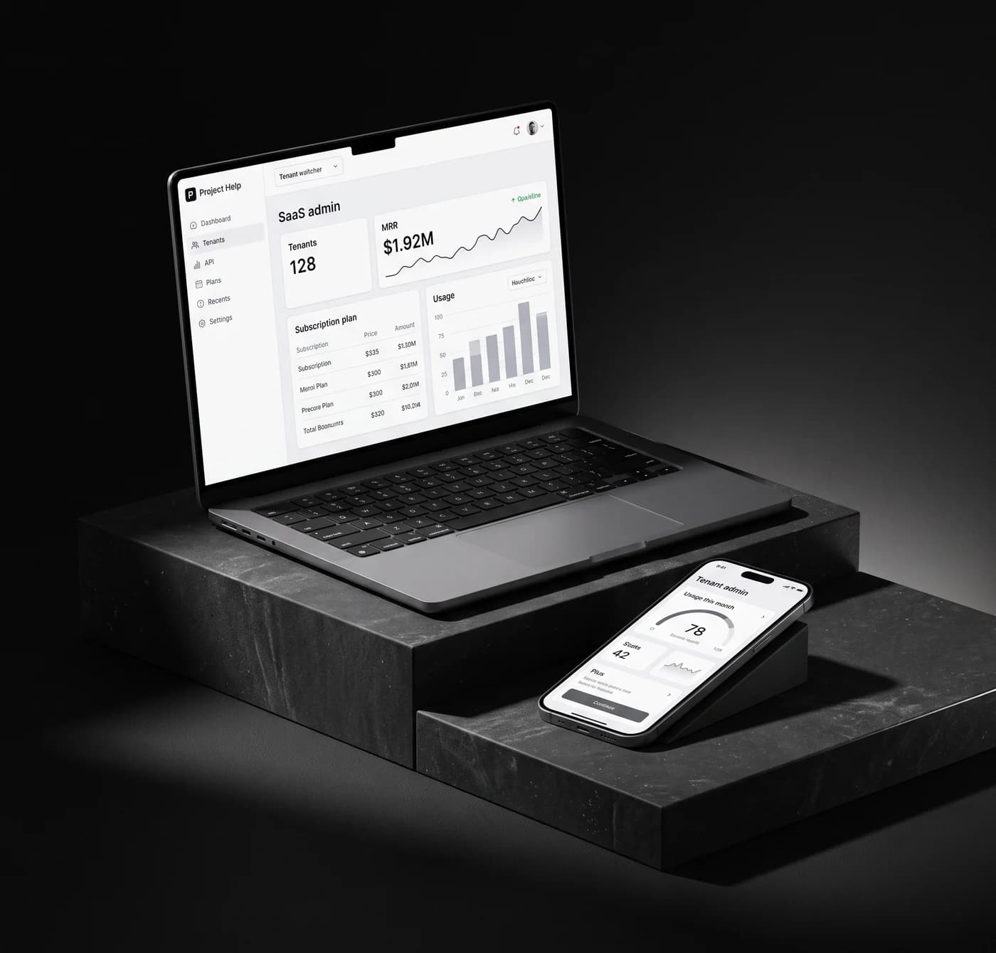 SaaS platform dashboard on a dark surface