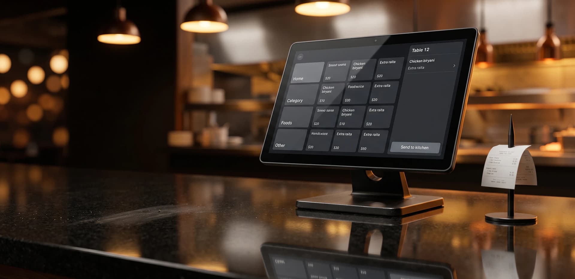 Restaurant point-of-sale order screen on a counter terminal